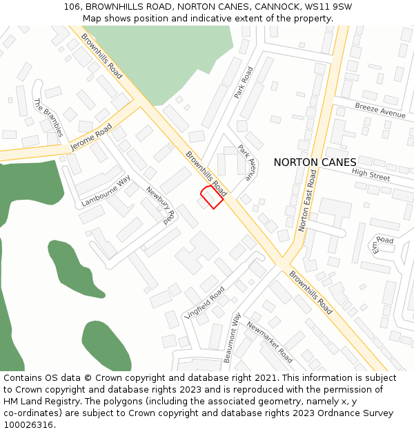 106, BROWNHILLS ROAD, NORTON CANES, CANNOCK, WS11 9SW: Location map and indicative extent of plot