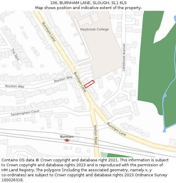 106, BURNHAM LANE, SLOUGH, SL1 6LS: Location map and indicative extent of plot