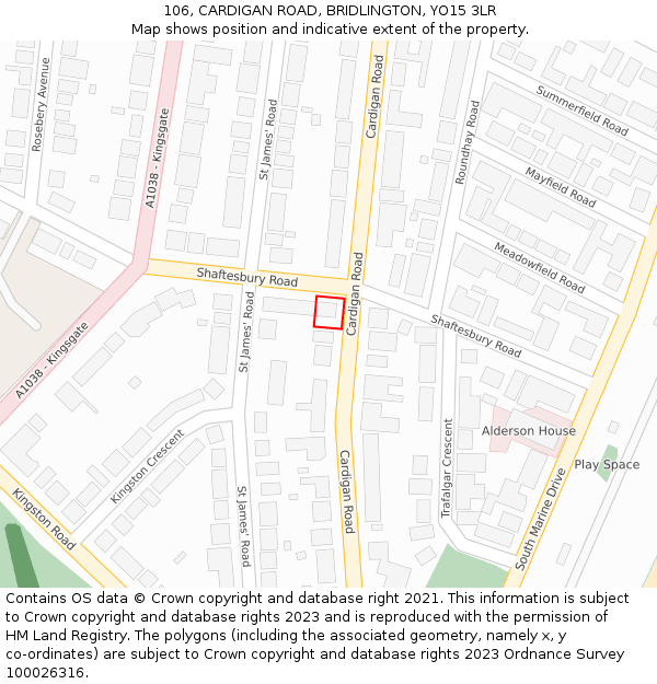 106, CARDIGAN ROAD, BRIDLINGTON, YO15 3LR: Location map and indicative extent of plot