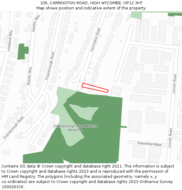 106, CARRINGTON ROAD, HIGH WYCOMBE, HP12 3HT: Location map and indicative extent of plot