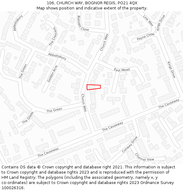 106, CHURCH WAY, BOGNOR REGIS, PO21 4QX: Location map and indicative extent of plot