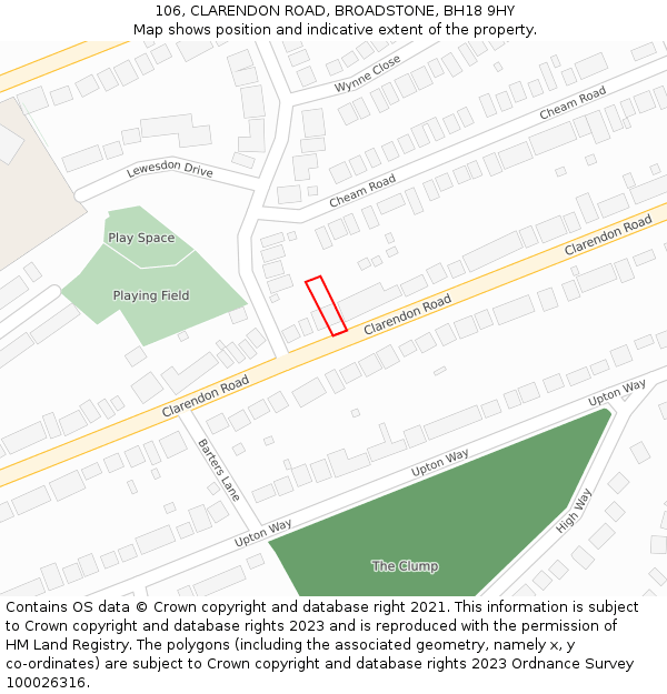 106, CLARENDON ROAD, BROADSTONE, BH18 9HY: Location map and indicative extent of plot