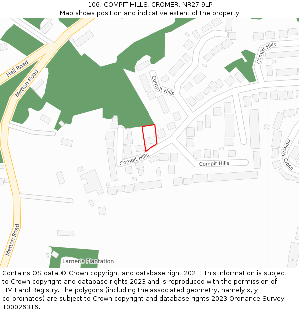 106, COMPIT HILLS, CROMER, NR27 9LP: Location map and indicative extent of plot