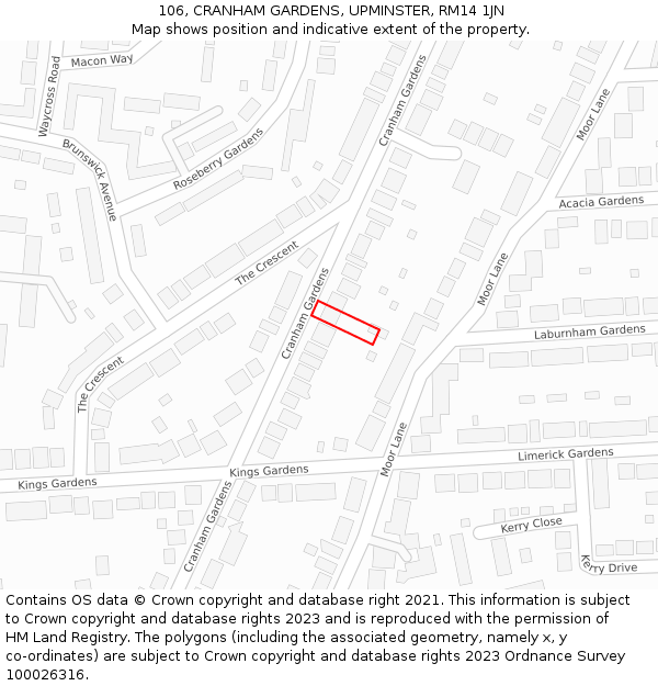 106, CRANHAM GARDENS, UPMINSTER, RM14 1JN: Location map and indicative extent of plot