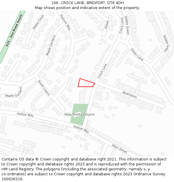 106, CROCK LANE, BRIDPORT, DT6 4DH: Location map and indicative extent of plot