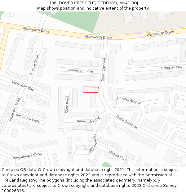 106, DOVER CRESCENT, BEDFORD, MK41 8QJ: Location map and indicative extent of plot