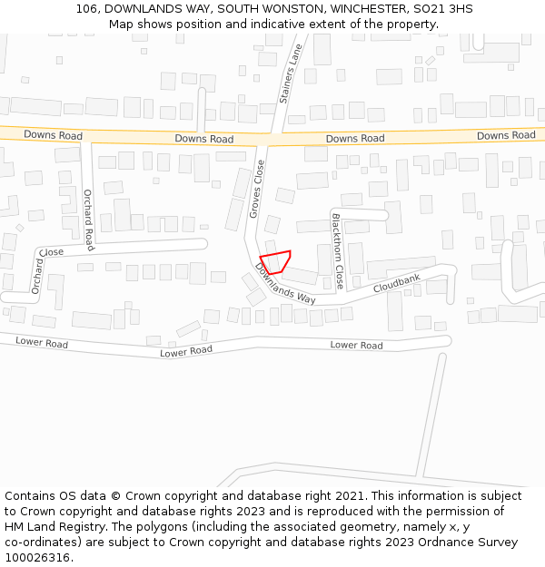 106, DOWNLANDS WAY, SOUTH WONSTON, WINCHESTER, SO21 3HS: Location map and indicative extent of plot