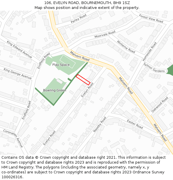 106, EVELYN ROAD, BOURNEMOUTH, BH9 1SZ: Location map and indicative extent of plot