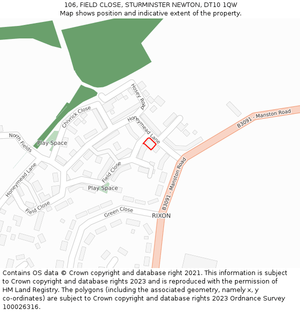 106, FIELD CLOSE, STURMINSTER NEWTON, DT10 1QW: Location map and indicative extent of plot