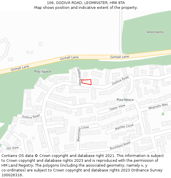 106, GODIVA ROAD, LEOMINSTER, HR6 8TA: Location map and indicative extent of plot