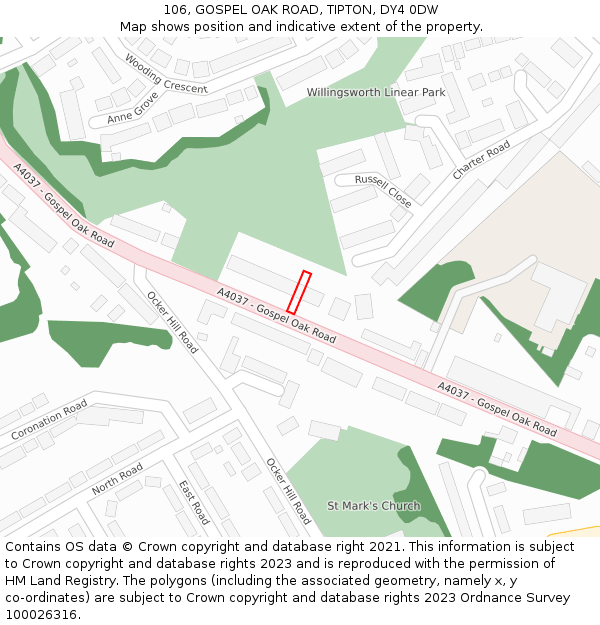 106, GOSPEL OAK ROAD, TIPTON, DY4 0DW: Location map and indicative extent of plot