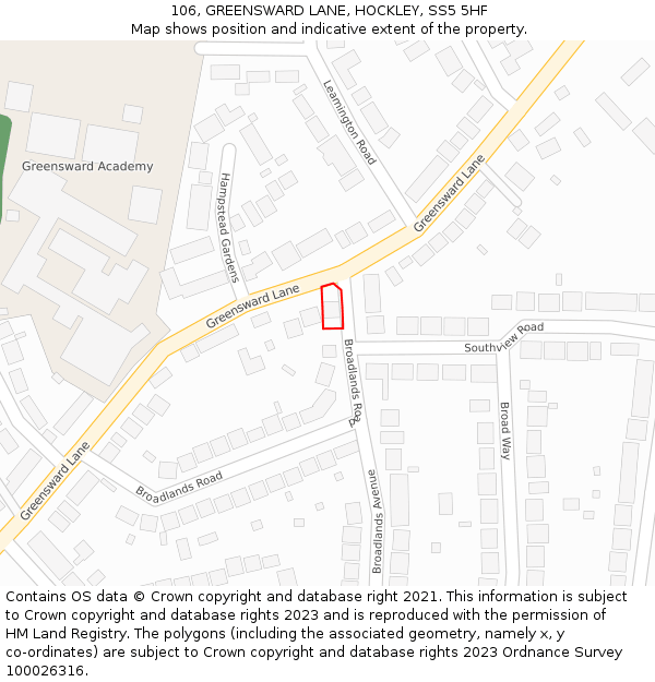 106, GREENSWARD LANE, HOCKLEY, SS5 5HF: Location map and indicative extent of plot