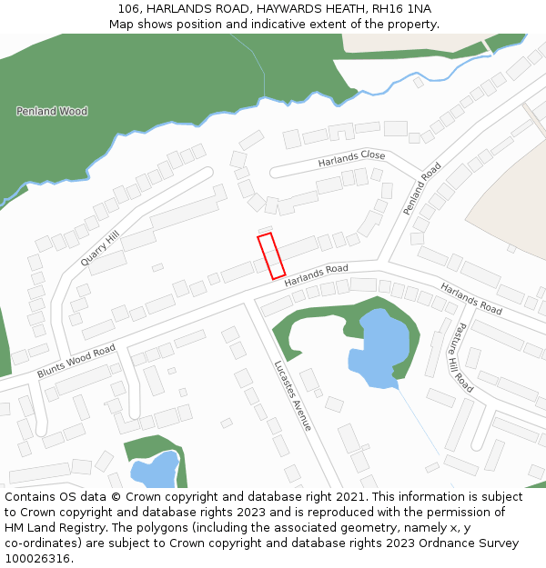 106, HARLANDS ROAD, HAYWARDS HEATH, RH16 1NA: Location map and indicative extent of plot