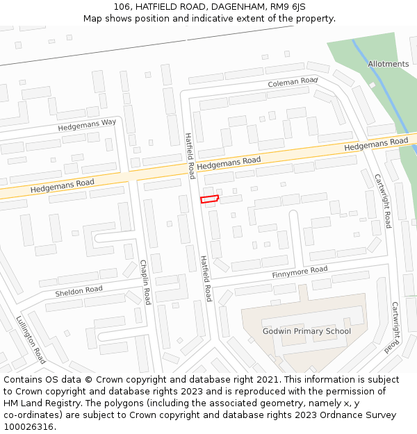 106, HATFIELD ROAD, DAGENHAM, RM9 6JS: Location map and indicative extent of plot