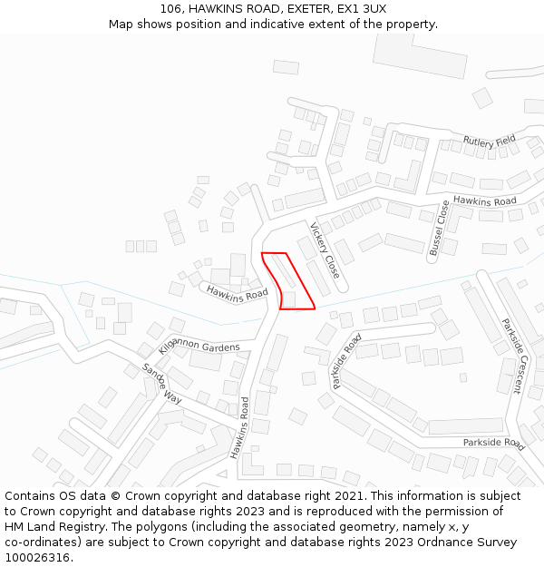 106, HAWKINS ROAD, EXETER, EX1 3UX: Location map and indicative extent of plot