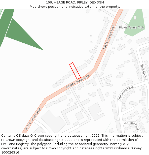 106, HEAGE ROAD, RIPLEY, DE5 3GH: Location map and indicative extent of plot