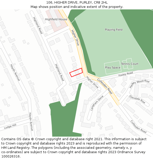 106, HIGHER DRIVE, PURLEY, CR8 2HL: Location map and indicative extent of plot
