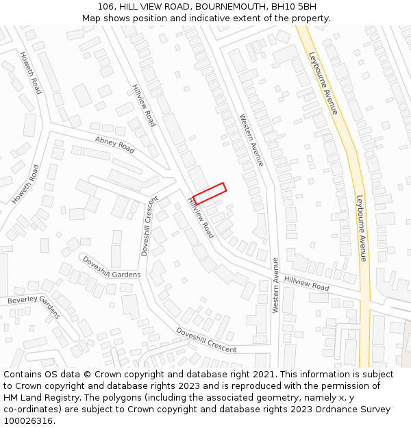 106, HILL VIEW ROAD, BOURNEMOUTH, BH10 5BH: Location map and indicative extent of plot