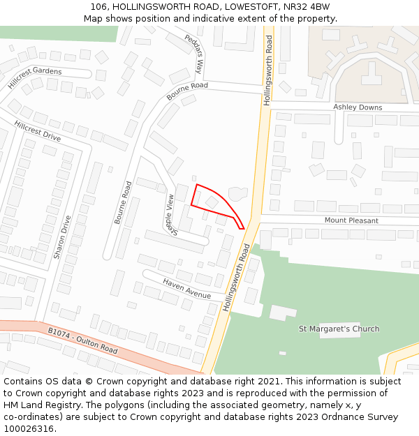 106, HOLLINGSWORTH ROAD, LOWESTOFT, NR32 4BW: Location map and indicative extent of plot
