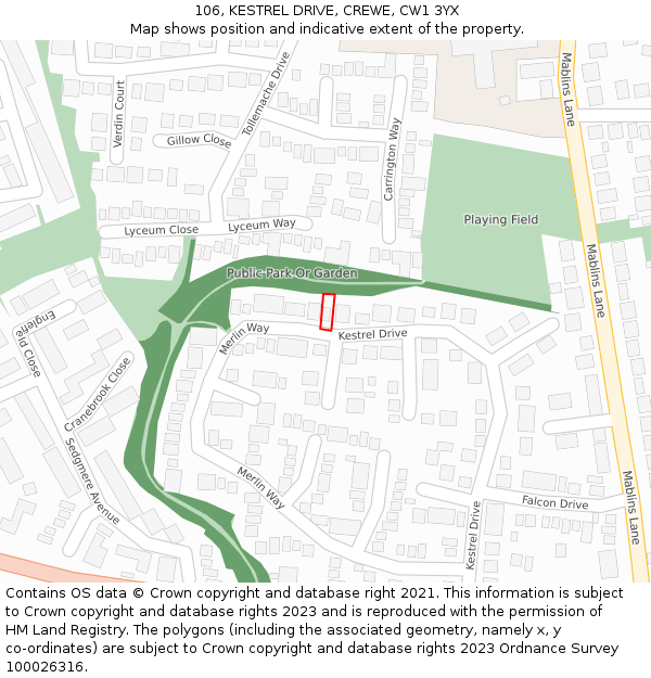 106, KESTREL DRIVE, CREWE, CW1 3YX: Location map and indicative extent of plot