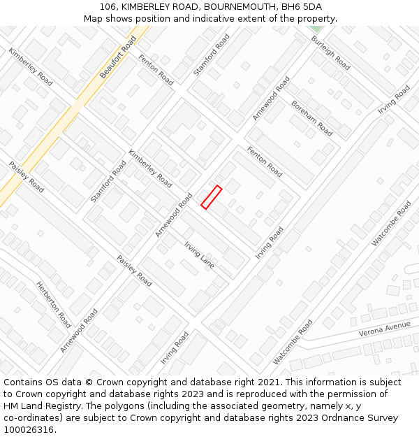 106, KIMBERLEY ROAD, BOURNEMOUTH, BH6 5DA: Location map and indicative extent of plot