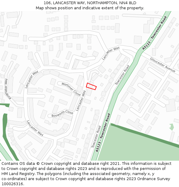 106, LANCASTER WAY, NORTHAMPTON, NN4 8LD: Location map and indicative extent of plot