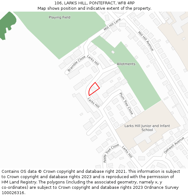 106, LARKS HILL, PONTEFRACT, WF8 4RP: Location map and indicative extent of plot