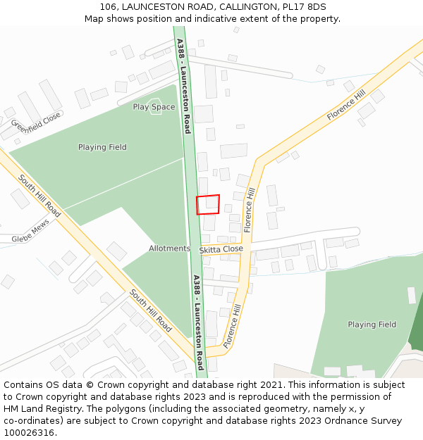 106, LAUNCESTON ROAD, CALLINGTON, PL17 8DS: Location map and indicative extent of plot