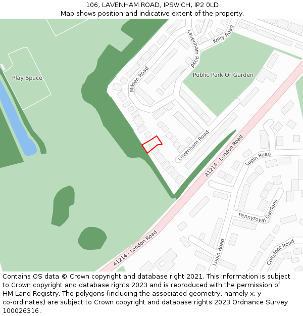 106, LAVENHAM ROAD, IPSWICH, IP2 0LD: Location map and indicative extent of plot