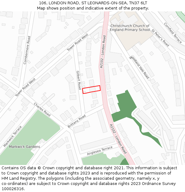 106, LONDON ROAD, ST LEONARDS-ON-SEA, TN37 6LT: Location map and indicative extent of plot