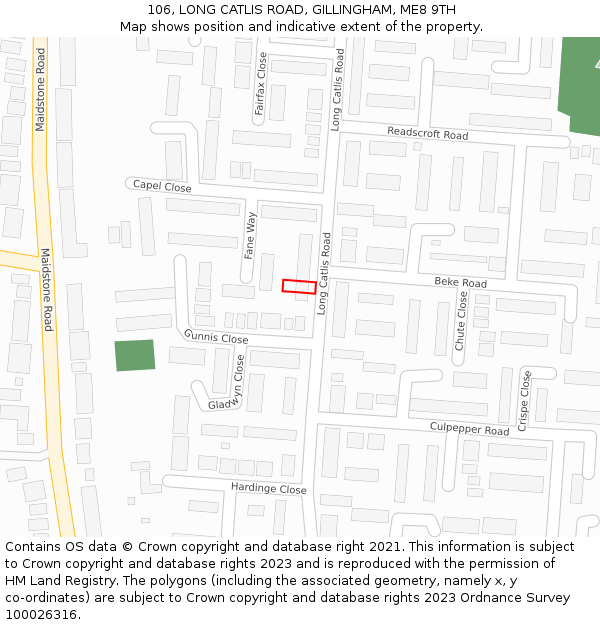 106, LONG CATLIS ROAD, GILLINGHAM, ME8 9TH: Location map and indicative extent of plot