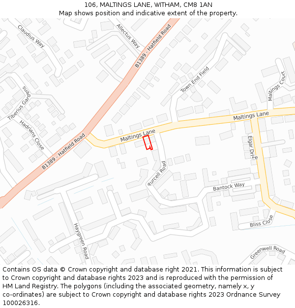 106, MALTINGS LANE, WITHAM, CM8 1AN: Location map and indicative extent of plot