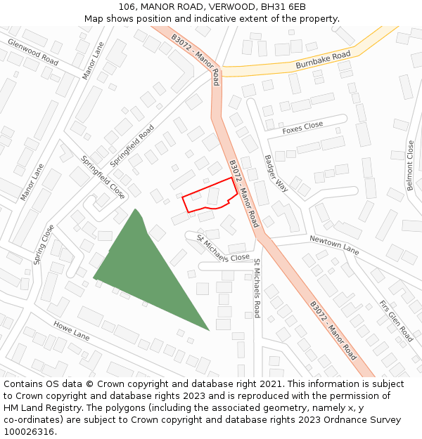 106, MANOR ROAD, VERWOOD, BH31 6EB: Location map and indicative extent of plot