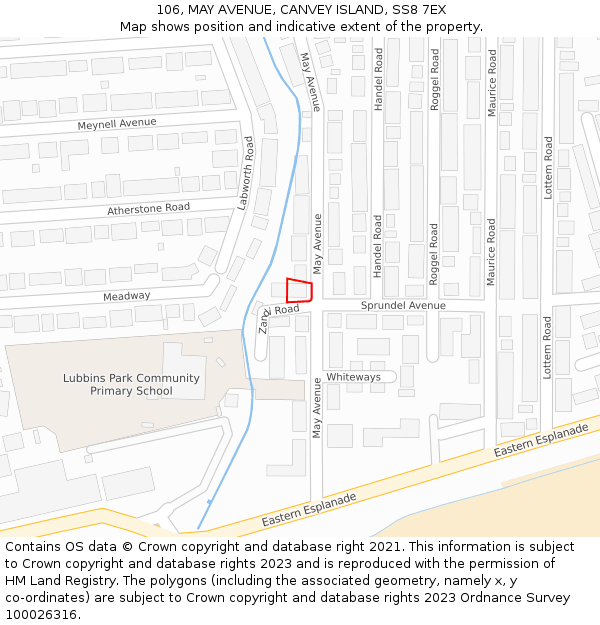 106, MAY AVENUE, CANVEY ISLAND, SS8 7EX: Location map and indicative extent of plot