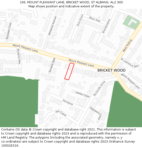 106, MOUNT PLEASANT LANE, BRICKET WOOD, ST ALBANS, AL2 3XD: Location map and indicative extent of plot