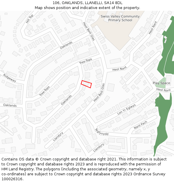 106, OAKLANDS, LLANELLI, SA14 8DL: Location map and indicative extent of plot