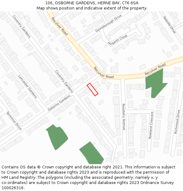106, OSBORNE GARDENS, HERNE BAY, CT6 6SA: Location map and indicative extent of plot
