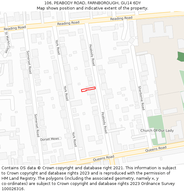 106, PEABODY ROAD, FARNBOROUGH, GU14 6DY: Location map and indicative extent of plot