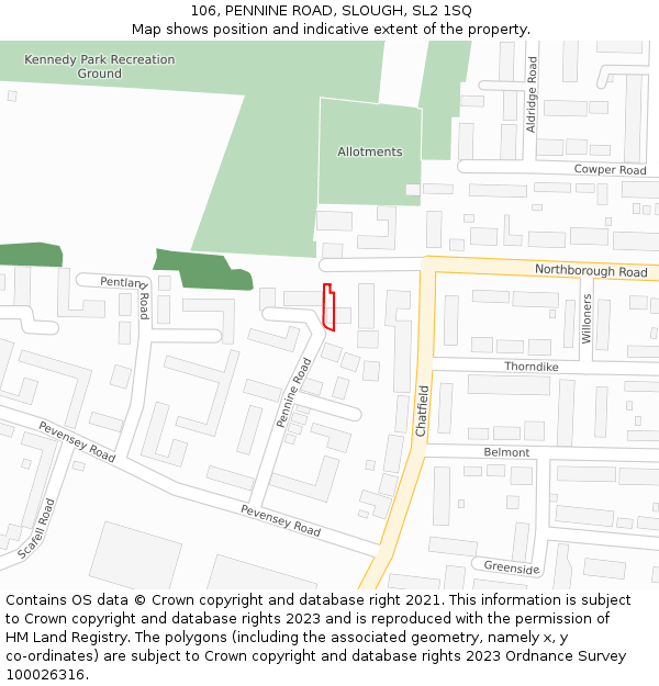 106, PENNINE ROAD, SLOUGH, SL2 1SQ: Location map and indicative extent of plot