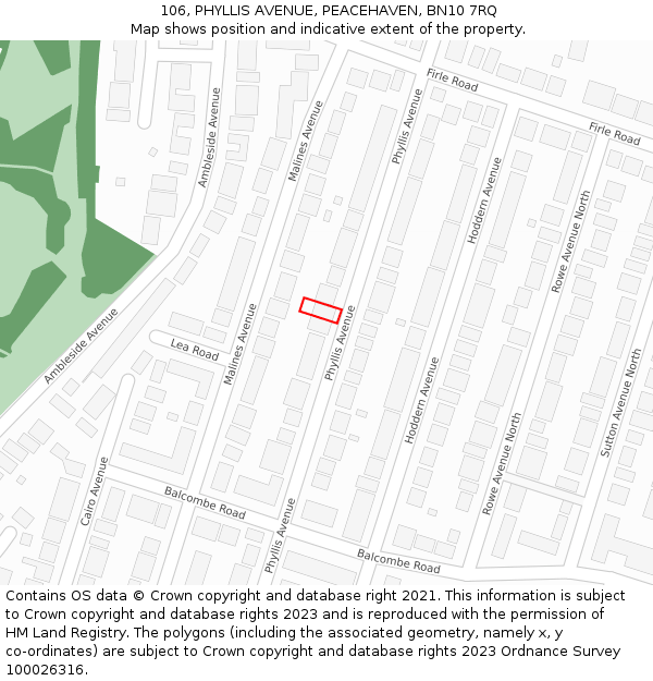 106, PHYLLIS AVENUE, PEACEHAVEN, BN10 7RQ: Location map and indicative extent of plot