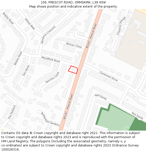 106, PRESCOT ROAD, ORMSKIRK, L39 4SW: Location map and indicative extent of plot