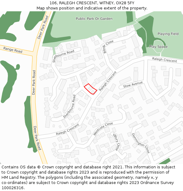 106, RALEGH CRESCENT, WITNEY, OX28 5FY: Location map and indicative extent of plot