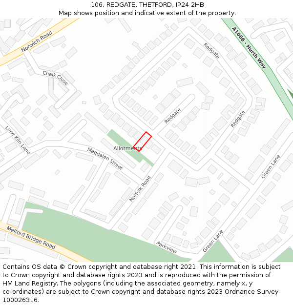 106, REDGATE, THETFORD, IP24 2HB: Location map and indicative extent of plot