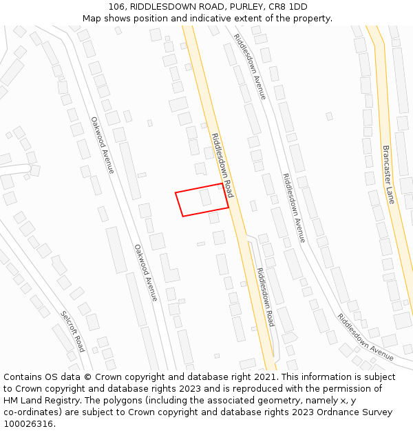 106, RIDDLESDOWN ROAD, PURLEY, CR8 1DD: Location map and indicative extent of plot