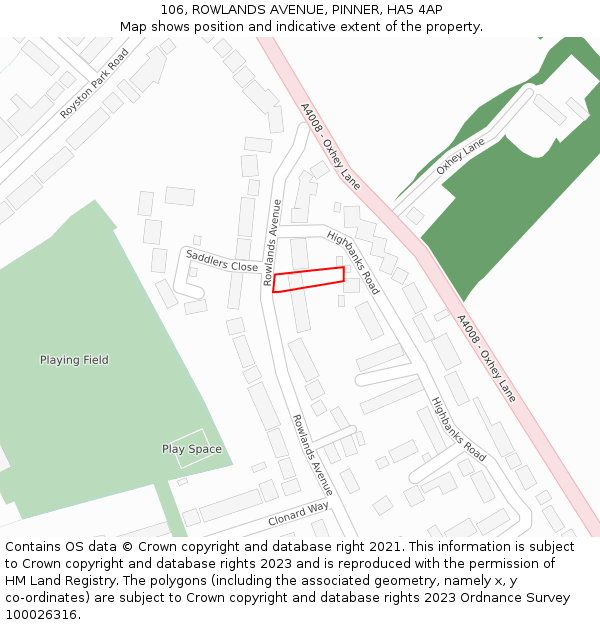 106, ROWLANDS AVENUE, PINNER, HA5 4AP: Location map and indicative extent of plot