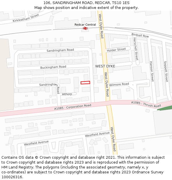 106, SANDRINGHAM ROAD, REDCAR, TS10 1ES: Location map and indicative extent of plot