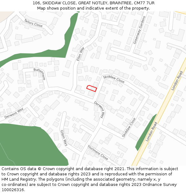 106, SKIDDAW CLOSE, GREAT NOTLEY, BRAINTREE, CM77 7UR: Location map and indicative extent of plot