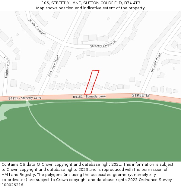 106, STREETLY LANE, SUTTON COLDFIELD, B74 4TB: Location map and indicative extent of plot