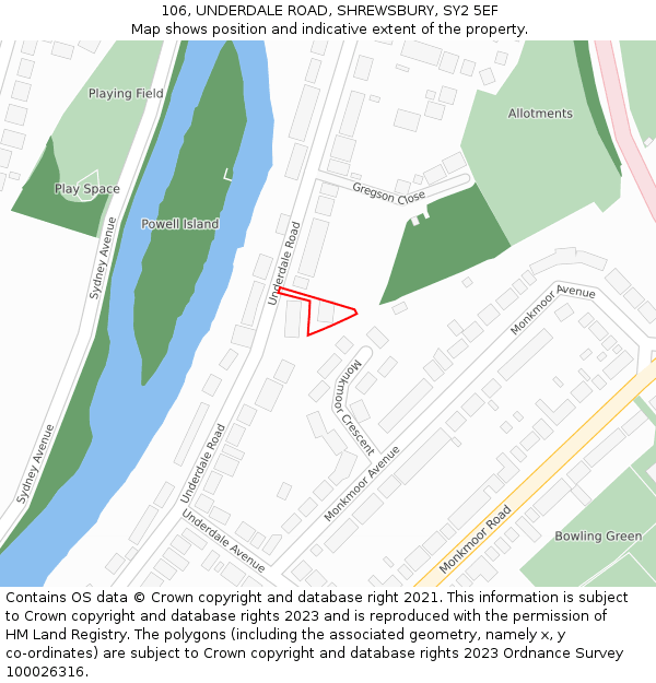 106, UNDERDALE ROAD, SHREWSBURY, SY2 5EF: Location map and indicative extent of plot