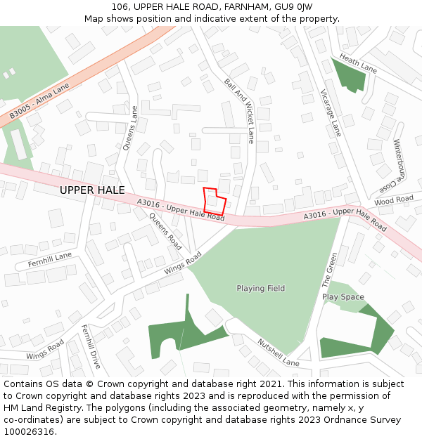 106, UPPER HALE ROAD, FARNHAM, GU9 0JW: Location map and indicative extent of plot